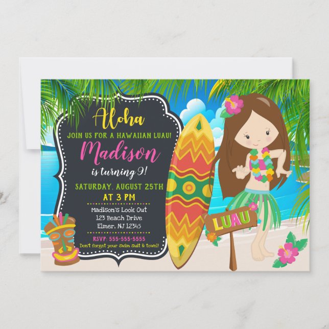 Luau-födelsedagsinbjudan Aloha-inbjudningar Inbjudningar (Framsida)