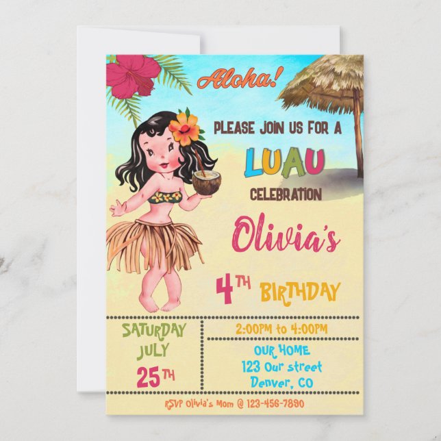 Luau-födelsedagsinbjudan Hawaii Aloha Inbjudningar (Framsida)