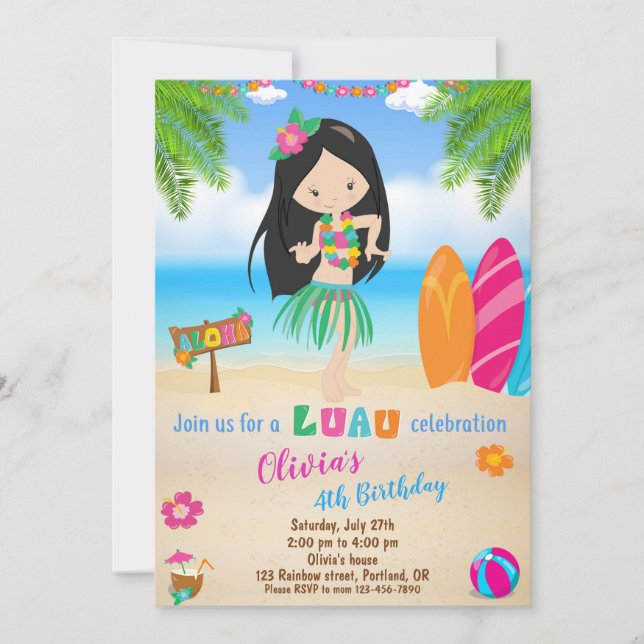 Luau-födelsedagsinbjudan Luau-inbjudan Aloha Inbjudningar (Framsida)