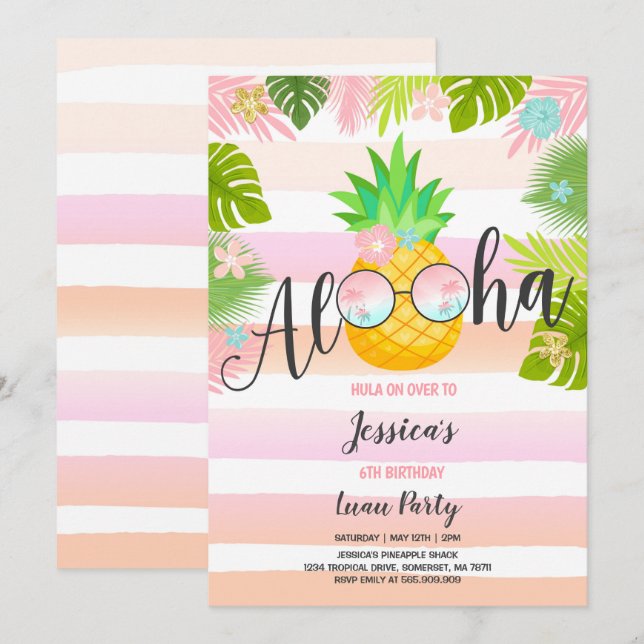 Luau födelsedagsinbjudan Pineapple Hawaiian Luau Inbjudningar (Fram/baksida)