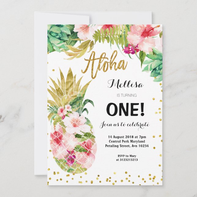 Luau Guld Ananas första födelsedag Inbjudningar (Framsida)