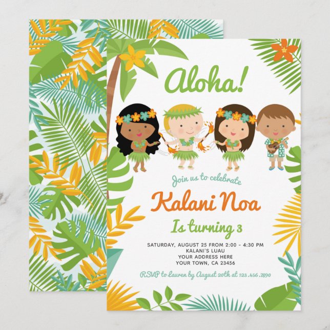 Luau Hawaiian Birthday Inbjudningar (Fram/baksida)