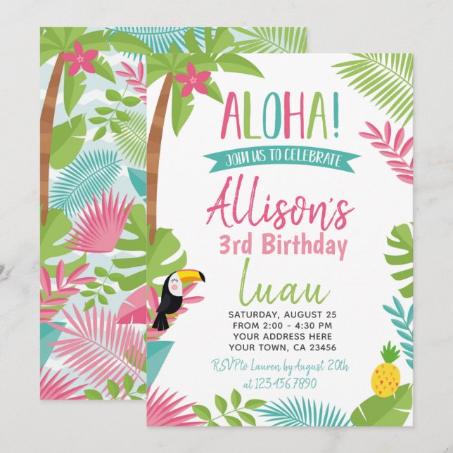 Luau Hawaiian Birthday Inbjudningar (Fram/baksida)