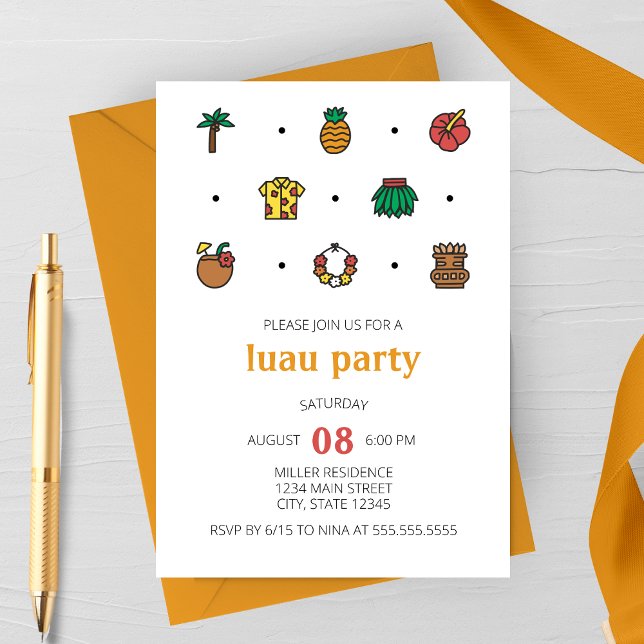 Luau-linjens Ikoner Festinbjudan Inbjudningar (Luau Party Invitation | Minimalist Modern Luau Line Icons )