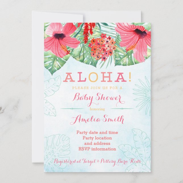 Luau möhippa, hawaii babydusch, tropiska inbjudningar (Framsida)