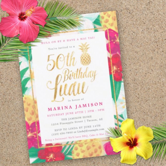 Luau-partiets 50-dagars inbjudan till guld (59th Birthday Luau Invitation)