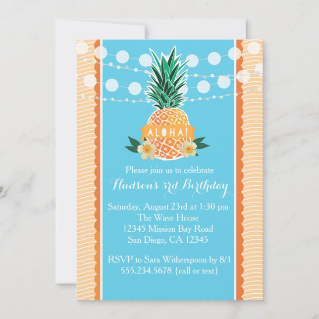 Luau-partiets inbjudan till födelsedag, dusch etc. (Framsida)