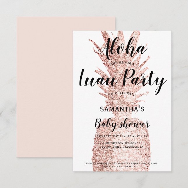 Luau party Aloha babydusch glitter pineapple Inbjudningar (Fram/baksida)