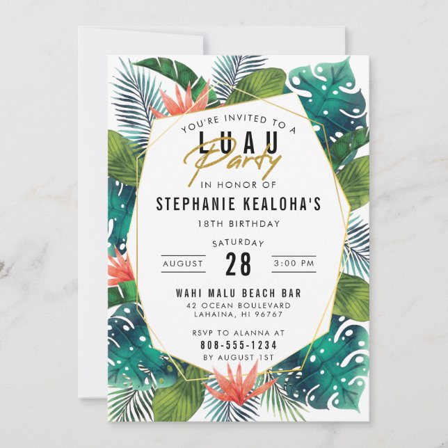 Luau Party Modern Guld Tropical Hawaiian Birthday Inbjudningar (Framsida)