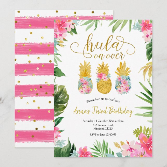 Luau Pineapple Girl Birthday-inbjudan Inbjudningar (Fram/baksida)