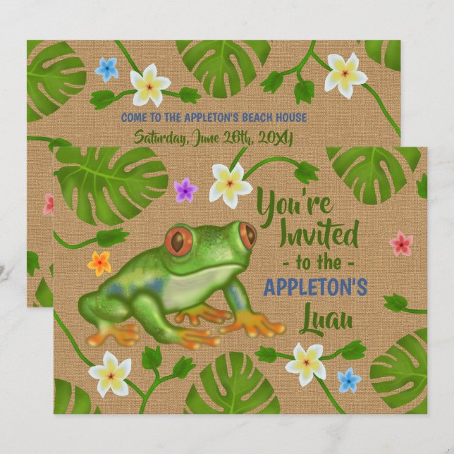 Luau Summer Party Tropical Frog Hawaiian Beach Rol Inbjudningar (Fram/baksida)