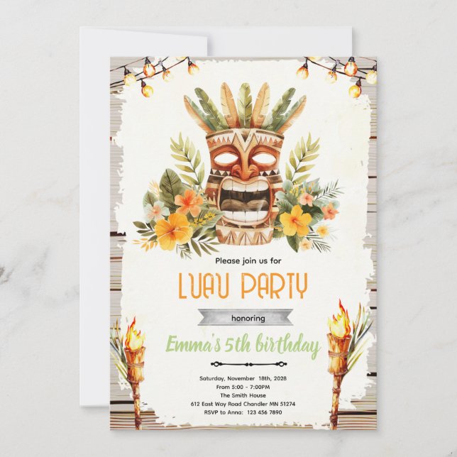 Luau tiki födelsedagsfest inbjudan (Framsida)