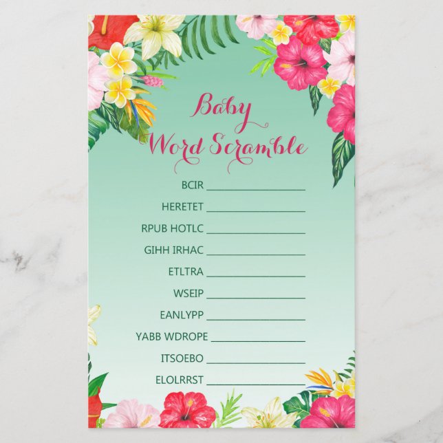 Luau Tropical Baby Shower Game med svar (Framsida)