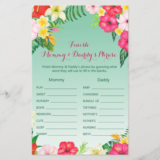 Luau Tropical Baby Shower Game TRINTED (Framsida)
