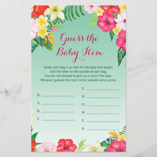 Luau Tropical Baby Shower Game TRINTED (Framsida)