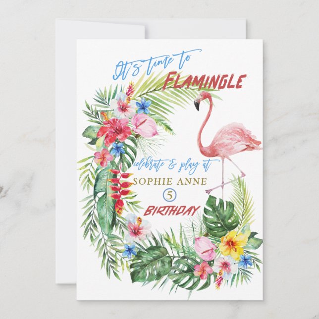 Luau Tropical Blommigt Flamingo Bassäng Girl Birth Inbjudningar (Framsida)
