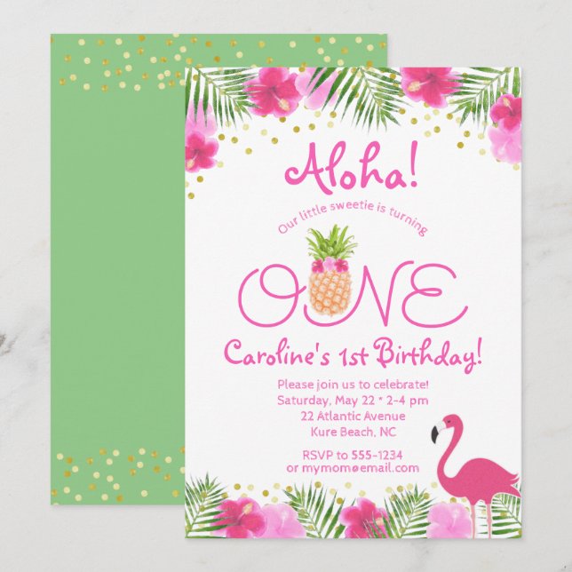Luau Tropical Blommigt Girl Första födelsedagen Inbjudningar (Fram/baksida)