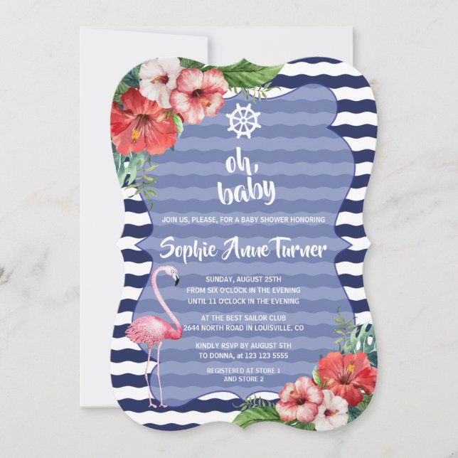 Luau Tropical Flamingo Navy Rand BABY SHOWER Inbjudningar (Framsida)