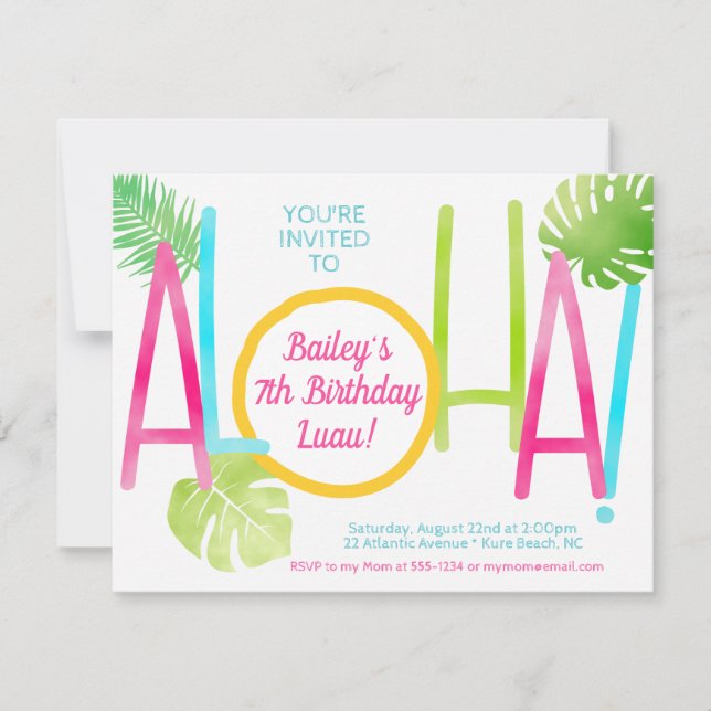 Luau Tropical Rosa Blue & Grönt Aloha Birthday Inbjudningar (Framsida)