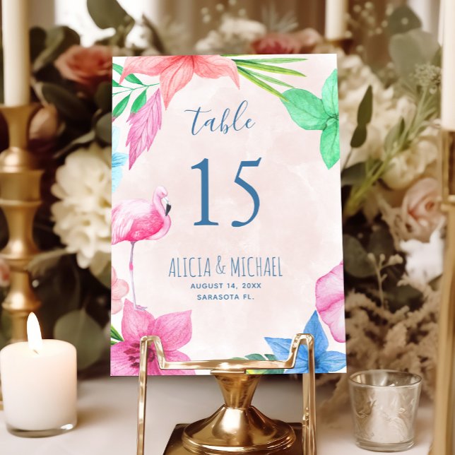 Luau tropisk flamingo blomsterkrans bröllop bordsnummer (Skapare uppladdad)