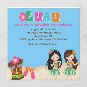 Luau Twin Girl och Tiki Square Birthday bjudande Inbjudningar