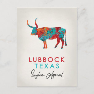 Lubbock Texas Colorful Longhorn Vykort
