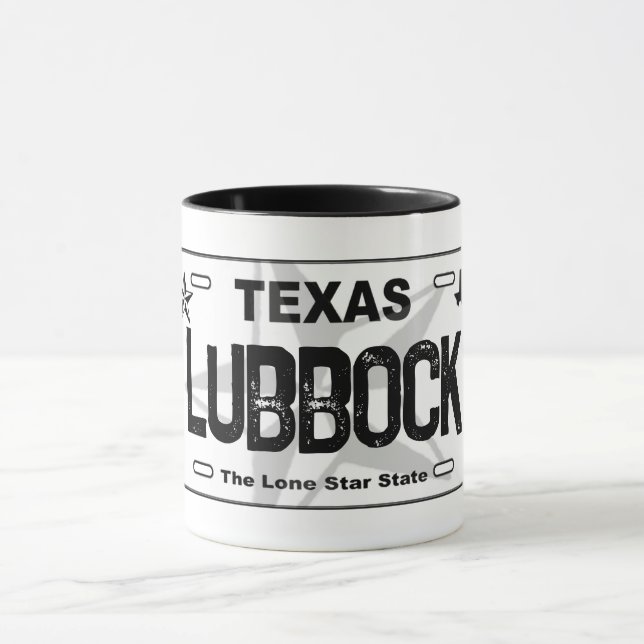 Lubbock Texas svarta registreringsskylt mugg (Center)