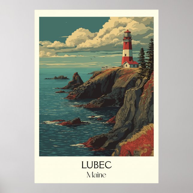 Lubec Maine Vintage Lighthouse Coastal Cliffs Art Poster (Framsidan)