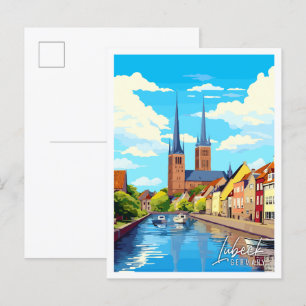 Lubeck Tyskland vintage resor illustration Vykort