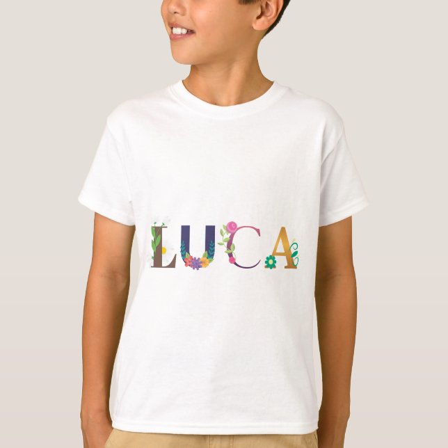 LUCA Namn Art med blommor broderade T Shirt (Framsida)
