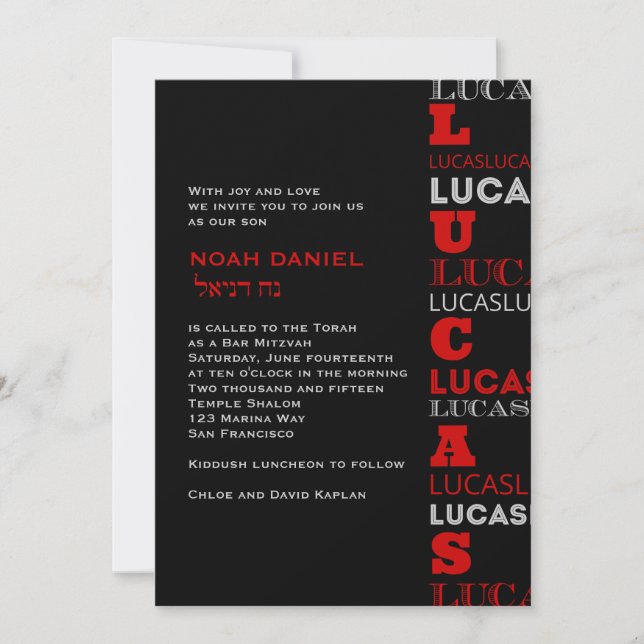 Lucas Coola Modern Pub Mitzvah inbjuden Red Black Inbjudningar (Framsida)