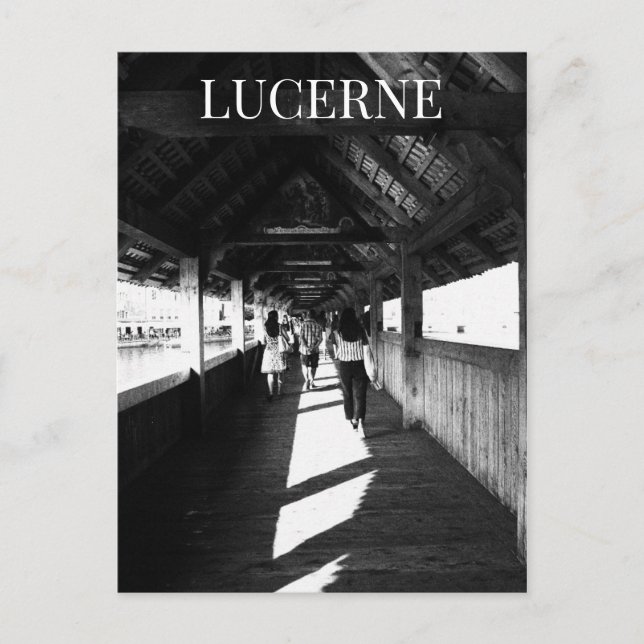 Lucerne Chapel Bridge + Tourists Schweiz BW Vykort (Framsida)