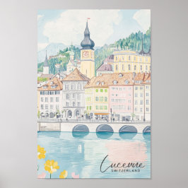 Lucerne Schweiz Gouache Illustration Travel Poster