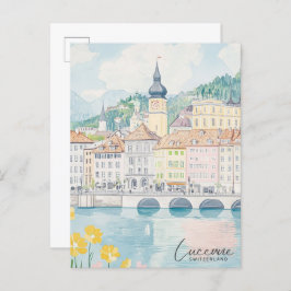 Lucerne Schweiz Gouache Illustration Travel Vykort