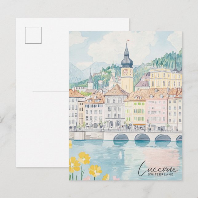Lucerne Schweiz Gouache Illustration Travel Vykort (Fram/baksida)