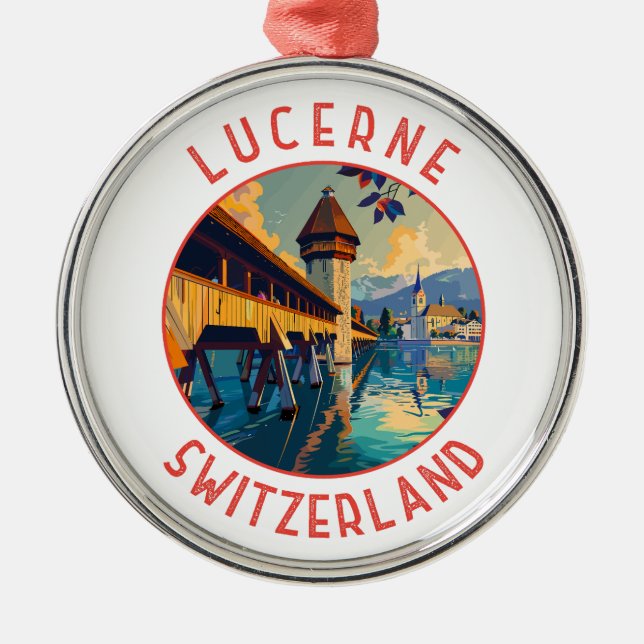 Lucerne Schweiz Retro Distress Circle Julgransprydnad Metall (Framsidan)