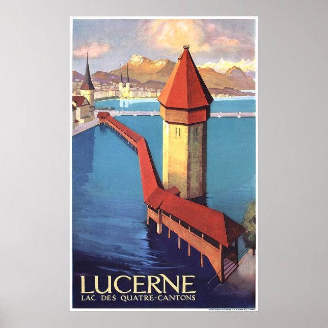 Lucerne, Schweiz, synpunkter på sjö och torn. Poster (Framsidan)