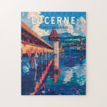 Lucerne Schweiz Travel Art Vintage Pussel<br><div class="desc">Lusernretro-vektorns rörelsemönster. Lucerne,  en kompakt stad i Schweiz som är känd för sin bevarade medeltida arkitektur,  ligger mitt i snötäckta berg på Sjö Lucerne.</div>