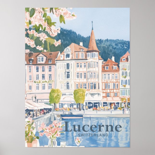 Lucerne Schweiz Watercolor Painting Travel Poster (Framsidan)