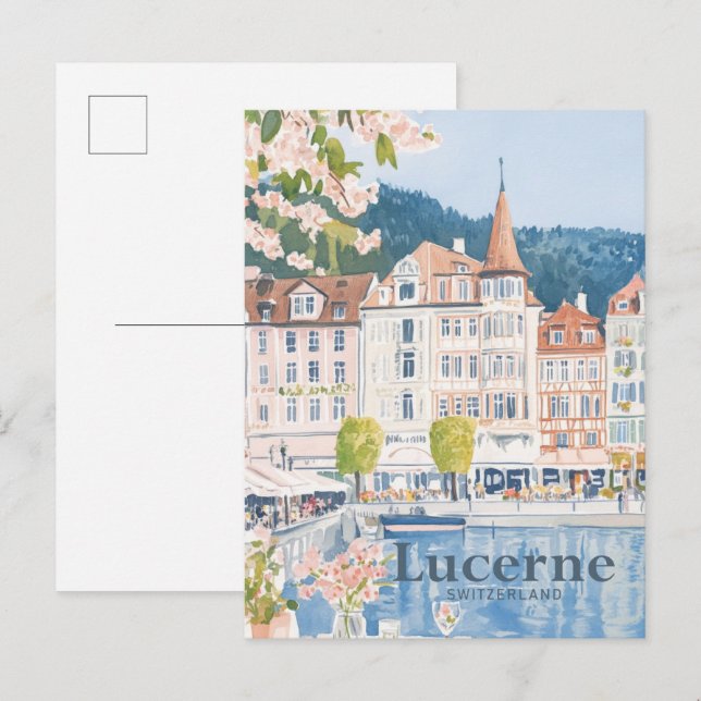 Lucerne Schweiz Watercolor Painting Travel Vykort (Fram/baksida)