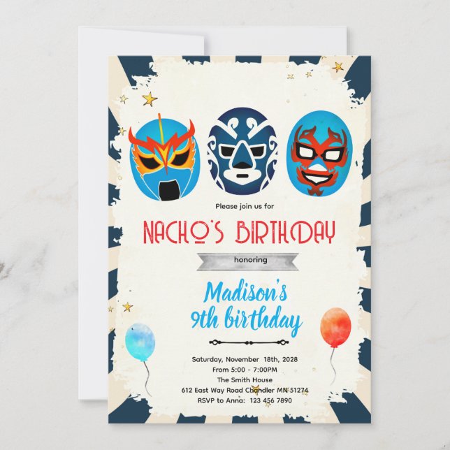 Luchador birthday party invitation inbjudningar (Framsida)