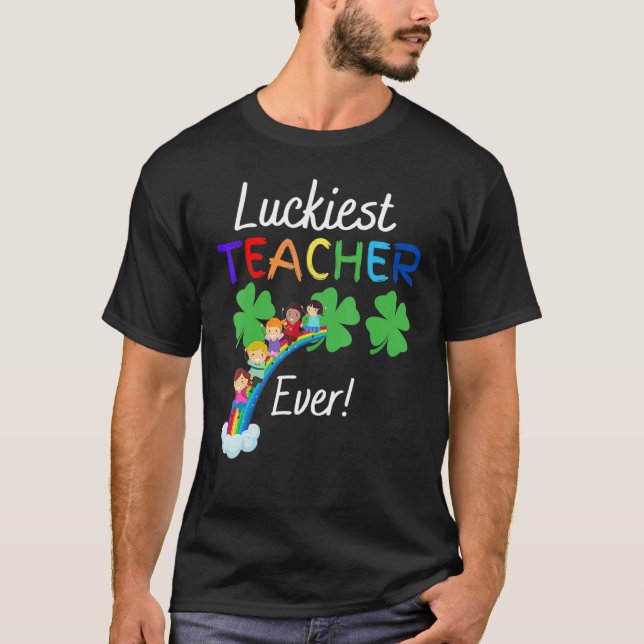 Luckiest Teacher Ever Child Riding Rainbow St Patr T Shirt (Framsida)