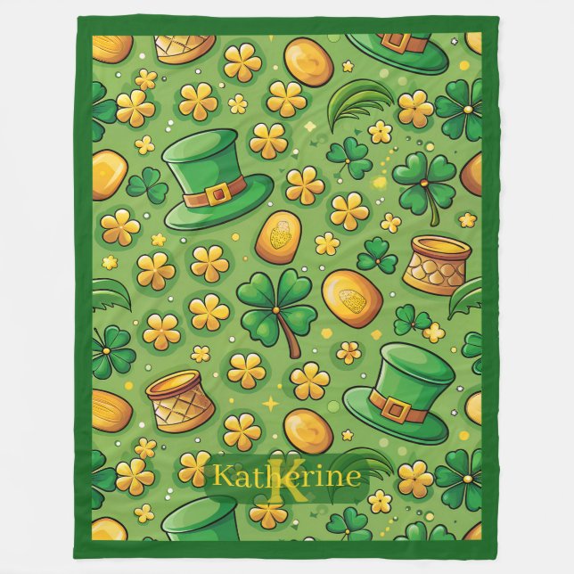 Lucky 4 Leaf Clover Shamrock Pot of Gold Irish Hat Fleecefilt (Framsidan)