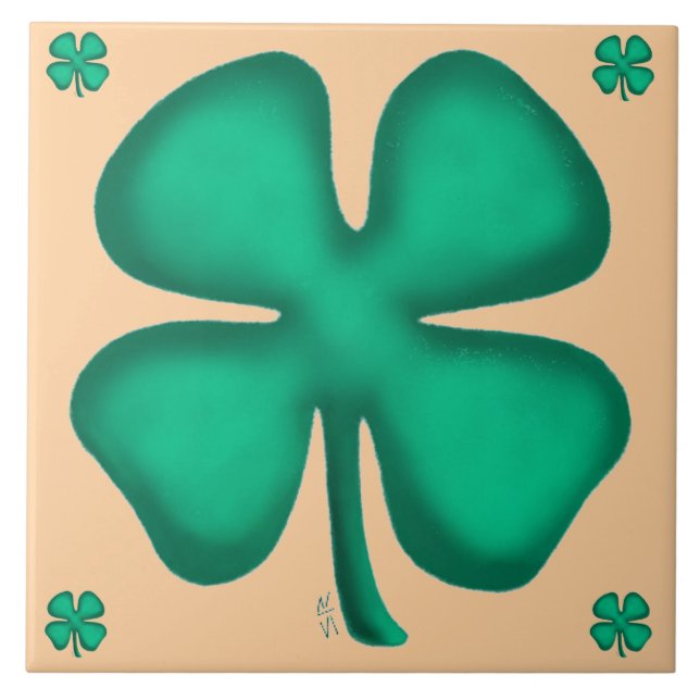 Lucky 4 Leaf Irish Clover 5 tan large tile Kakelplatta (Framsidan)