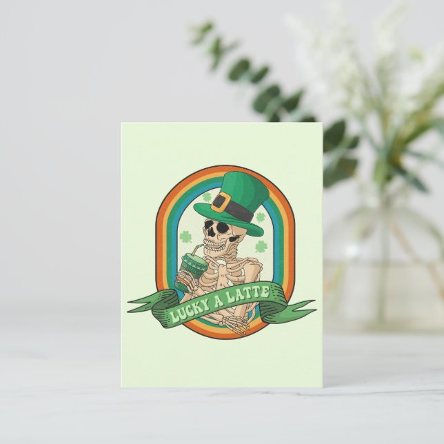 Lucky A Latte - Skeleton, kaffe och Klöver Vykort (Stående Fram)