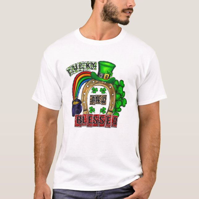 Lucky and Blsed Horseshoe Leopard St Patrick'Da T Shirt (Framsida)