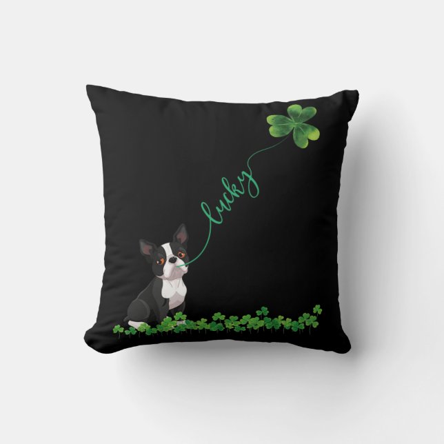 Lucky Boston Terrier Dog Shamrock St Patrick day T Kudde (Framsida)