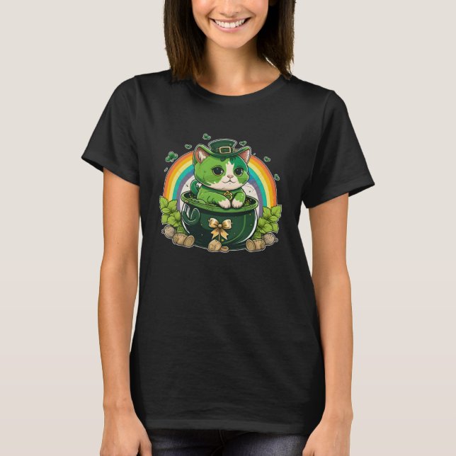 Lucky Cat and Pot Rainbow Shamrock St Patrick s Da T Shirt (Framsida)