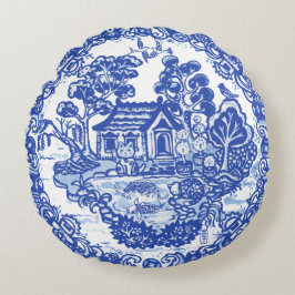 Lucky Cat Blue Willow Koi Bird Asian Pagoda Garden Rund Kudde