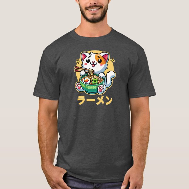 Lucky Cat Eating Ramen Noodles Kawaii Cute T Shirt (Framsida)